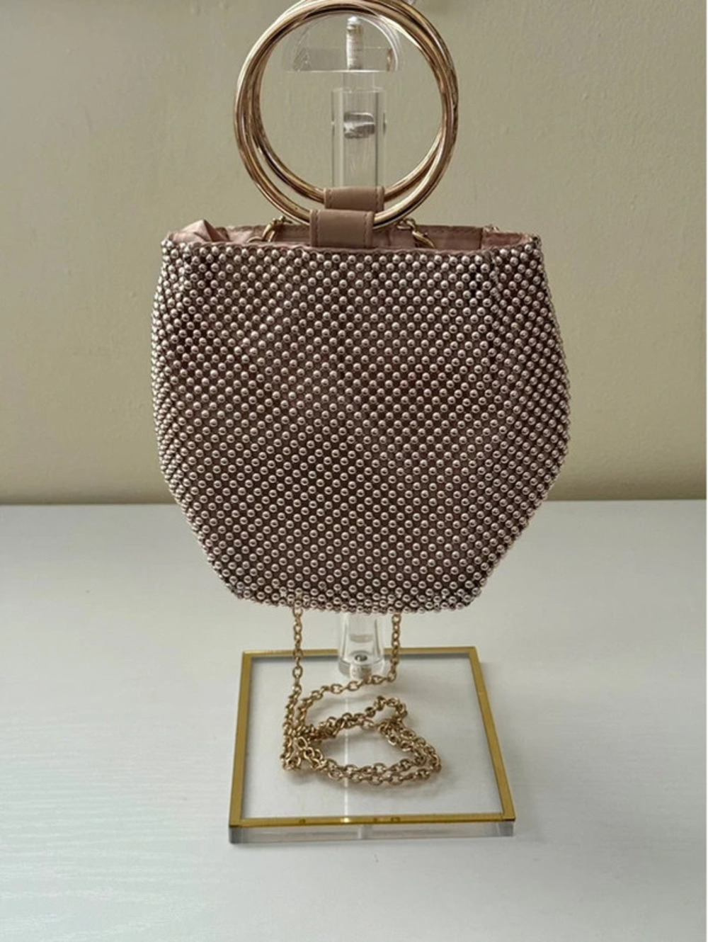 Gold Beaded Evening Bag Rhinestone Studded Ring Handle Chain Crossbody Clutch